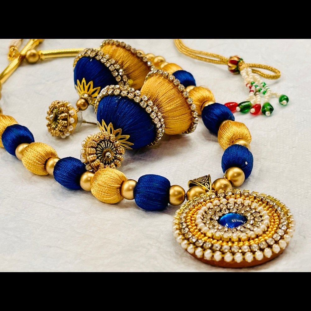 Royal blue and gold Silk thread jewelry set